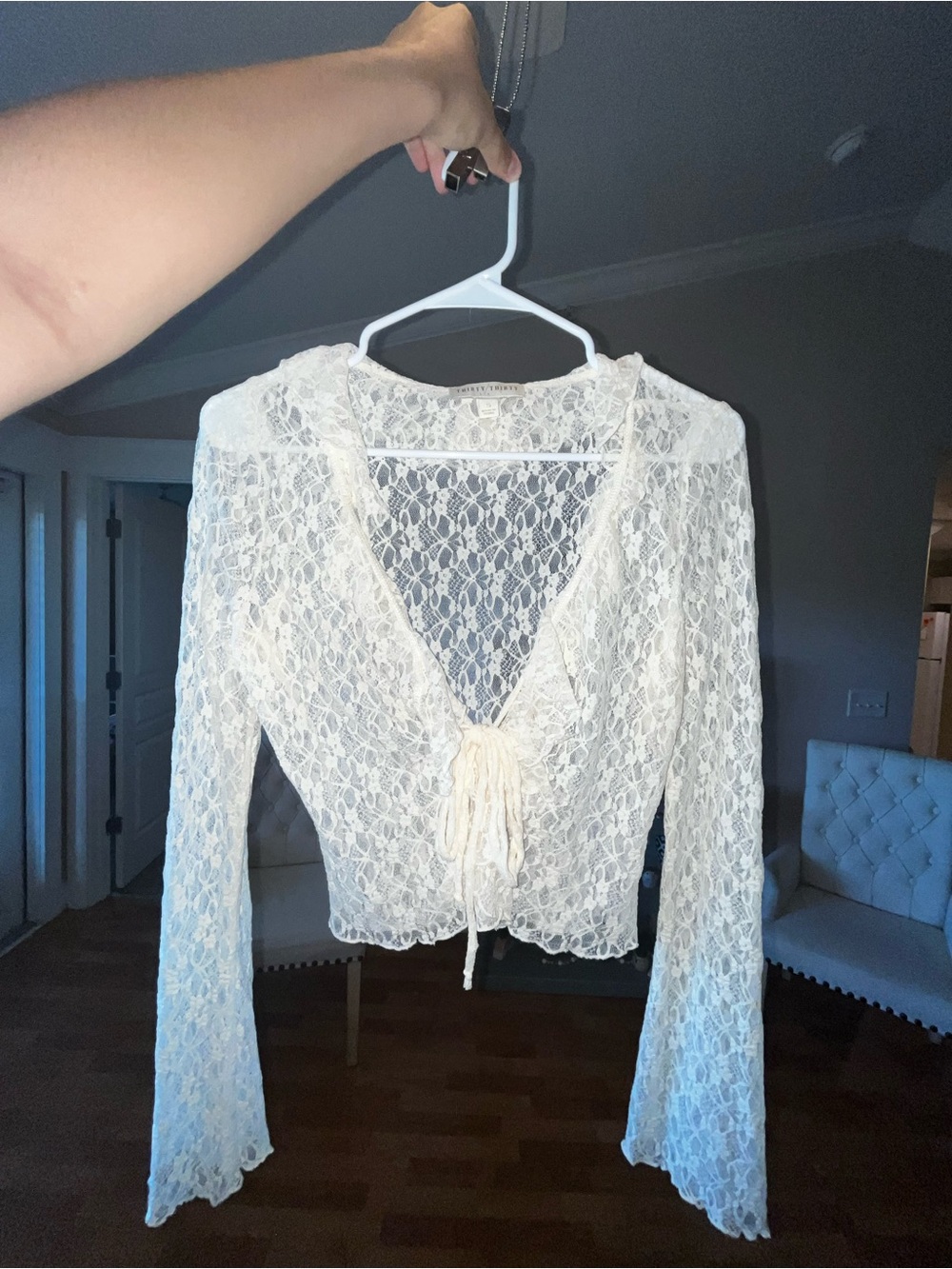 Sheer Lace Tie-Front Long-Sleeve Blouse - Cream